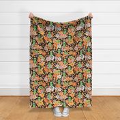 Cute Groovy Aliens with Flowers - Large Scale - Dark Background Novelty Floral Space Little Green Men Aliens 70s 1970s Orange Green Retro