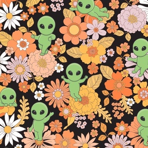 Cute Groovy Aliens with Flowers - Large Scale - Dark Background Novelty Floral Space Little Green Men Aliens 70s 1970s Orange Green Retro