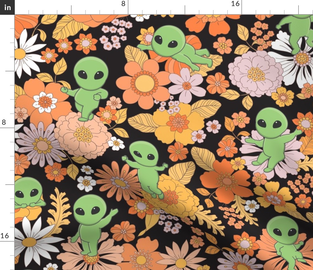 Cute Groovy Aliens with Flowers - Large Scale - Dark Background Novelty Floral Space Little Green Men Aliens 70s 1970s Orange Green Retro