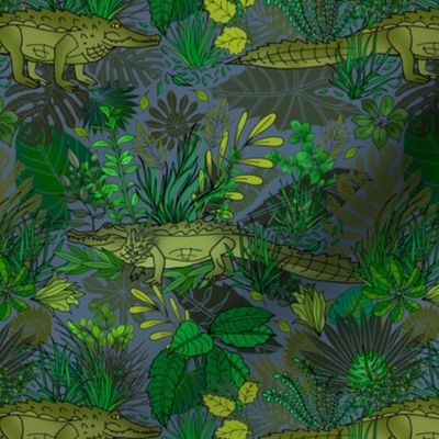 Alligators and Crocodiles in a Botanical Bayou (Swamp Water Blue small scale) 