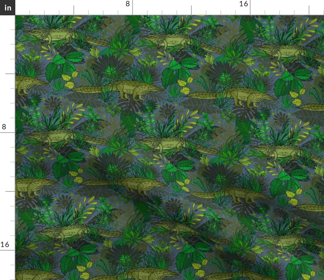 Alligators and Crocodiles in a Botanical Bayou (Swamp Water Blue small scale) 