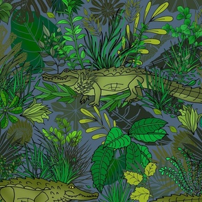 Alligators and Crocodiles in a Botanical Bayou (Swamp Water Blue large scale)  