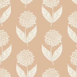 White Linocut Block Print Dahlia Flowers on a Neutral Caramel Background Large Scale