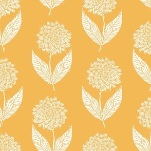 White Linocut Block Print Dahlia Flowers on a Goldenrod Yellow Background Large Scale