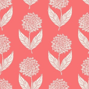 White Linocut Block Print Dahlia Flowers on a Coral Pink Background Large Scale