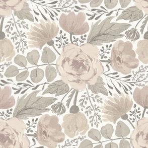 Soft Painted Boho Florals in muted beige-grey sepia tones on off-white