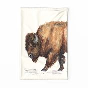 Bison American buffalo watercolor painting - brown on soft cream - wall hanging, tea towel, and quilt panel