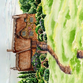 English stone cottage with thatched roof and garden cute house watercolor painting wall hanging tea towel and quilt panel