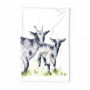 Miniature nanny goat and kid baby goat watercolor painting wall hanging tea towel and quilt panel