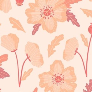 Peach Fuzz Poppies and Leaves - Pink, Peach, Magenta - Large Scale - Pantone Color of the Year 2024 - Soft and Feminine Romantic Floral