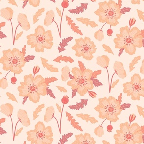 Peach Fuzz Poppies and Leaves - Pink, Peach, Magenta - Large Scale - Pantone Color of the Year 2024 - Soft and Feminine Romantic Floral