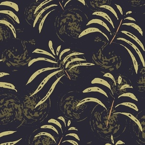 Dancing Palm Fronds - green on blue - XL extra large scale - Pantone Flavorful Honey Beach Banana dark moody botanical tropical leaves Welcoming Walls
