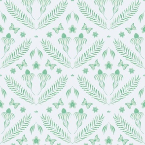 L-W-SERENITY IN BLOOM DAMASK WALLPAPER-C4-mint-green-damask, daisy, butterfly, botanical, leaf, frond 