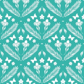 L-W-SERENITY IN BLOOM DAMASK WALLPAPER-C5-GREEN 6EB4A9-damask, daisy, butterfly, botanical, leaf, frond 