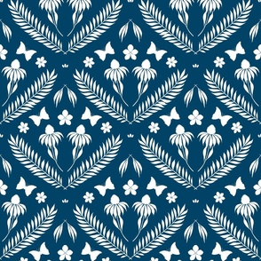 L-W-SERENITY IN BLOOM DAMASK WALLPAPER-C7-teal-0c4566--damask, daisy, butterfly, botanical, leaf, frond 