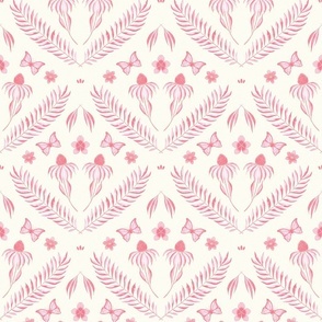 L-W-SERENITY IN BLOOM DAMASK WALLPAPER-C9-soft pink--damask, daisy, butterfly, botanical, leaf, frond 