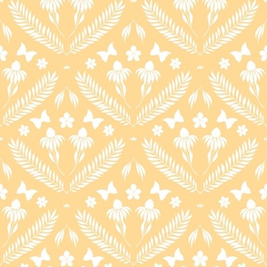 L-W-SERENITY IN BLOOM DAMASK WALLPAPER-C10-PALE YELLOW FAD897-damask, daisy, butterfly, botanical, leaf, frond 