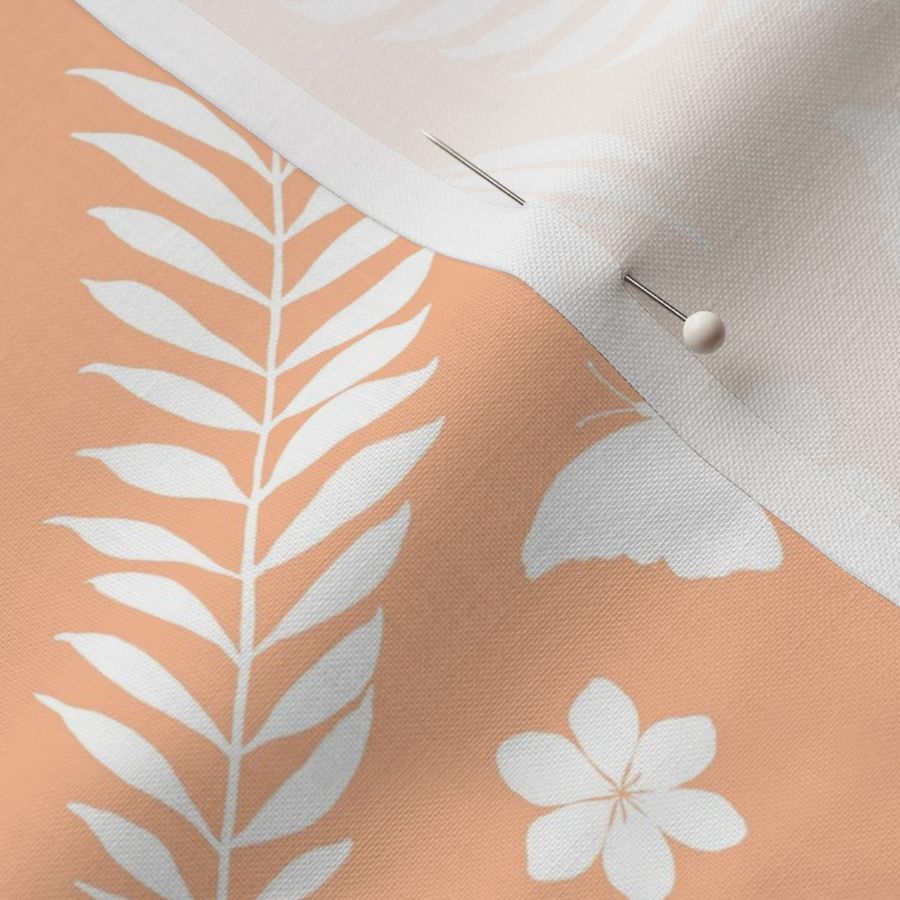 L-W-SERENITY IN BLOOM DAMASK PEACH FUZZ WALLPAPER-C11- FFBE98-damask, daisy, butterfly, botanical, leaf, frond 