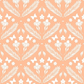 L-W-SERENITY IN BLOOM DAMASK PEACH FUZZ WALLPAPER-C11- FFBE98-damask, daisy, butterfly, botanical, leaf, frond 