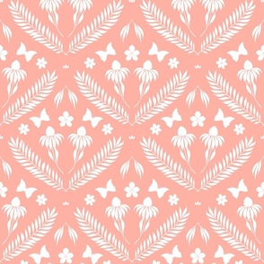 L-W-SERENITY IN BLOOM DAMASK WALLPAPER-C12-PINK PEACH-EFAFA2-damask, daisy, butterfly, botanical, leaf, frond 