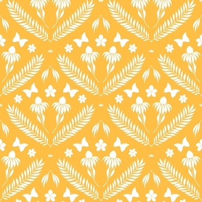 L-W-SERENITY IN BLOOM DAMASK WALLPAPER-C13-GOLD YELLOW F7BD4E--damask, daisy, butterfly, botanical, leaf, frond 