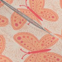 481 -   Large scale Peach Fuzz garden butterflies, organic textured lines, with warm apricot and cream floral garden background, for kids apparel, home decor, bed linen, tablecloths, springtime, summertime