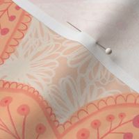 481 -   Large scale Peach Fuzz garden butterflies, organic textured lines, with warm apricot and cream floral garden background, for kids apparel, home decor, bed linen, tablecloths, springtime, summertime