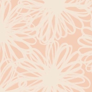 480 - Large jumbo scale pale peach and creamy off white tossed pompom daisy dahlia chrysanthemum hand drawn organic floral for curtains, bed linen, table cloths, tea towels and napkins as well as kids apparel and children's accessories. 