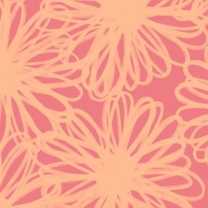480 -  Large jumbo scale peach fuzz and lovely coral tossed pompom daisy dahlia chrysanthemum hand drawn organic floral for curtains, bed linen, table cloths, tea towels and napkins as well as kids apparel and children's accessories. 