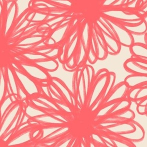 480 -  Large jumbo scale bright coral pink and creamy off white tossed pompom daisy dahlia chrysanthemum hand drawn organic floral for curtains, bed linen, table cloths, tea towels and napkins as well as kids apparel and children's accessories. 