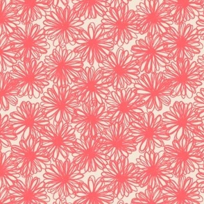 480 -  Small scale bright coral pink and creamy off white tossed pompom daisy dahlia chrysanthemum hand drawn organic floral for curtains, bed linen, table cloths, tea towels and napkins as well as kids apparel and children's accessories. 