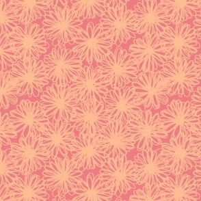 480 -  Small scale peach fuzz and lovely coral tossed pompom daisy dahlia chrysanthemum hand drawn organic floral for curtains, bed linen, table cloths, tea towels and napkins as well as kids apparel and children's accessories. 