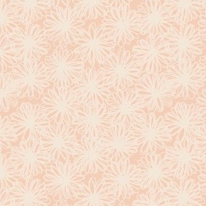 480 -  Small scale pale peach and creamy off white tossed pompom daisy dahlia chrysanthemum hand drawn organic floral for curtains, bed linen, table cloths, tea towels and napkins as well as kids apparel and children's accessories. 