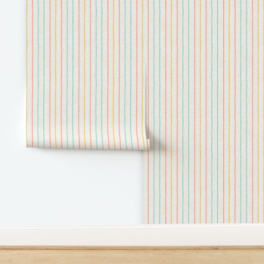 M-FLORAL PATH-8G-peach-blue-yellow-candy stripe vertical stripe on cream textured background