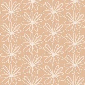 474 - Medium scale coffee and cream loose dahlia daisy floral in linear stripe setting, for kids apparel, children's bedroom décor, sheets, duvet cover and crafts.