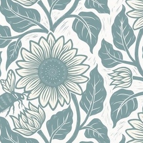 S // Sunflower block print in Mint Green & Ecru