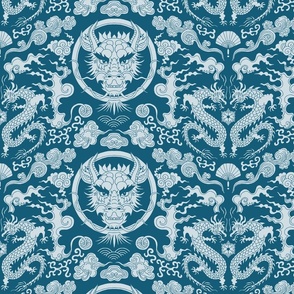 chinese dragon damask two-tone blue | small