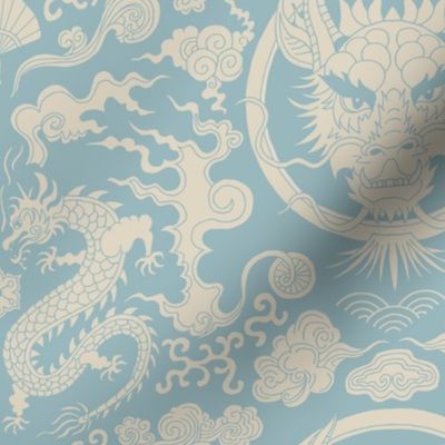 chinese dragon damask matte blue and sand | small