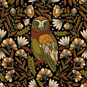 Owl in Folk Art with bright and warm Botanicals - Big Size  