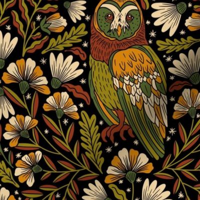 Owl in Folk Art with bright and warm Botanicals - Small Size  