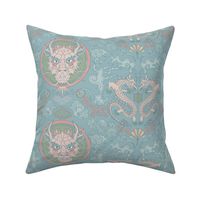 chinese dragon damask muted blue and green | small