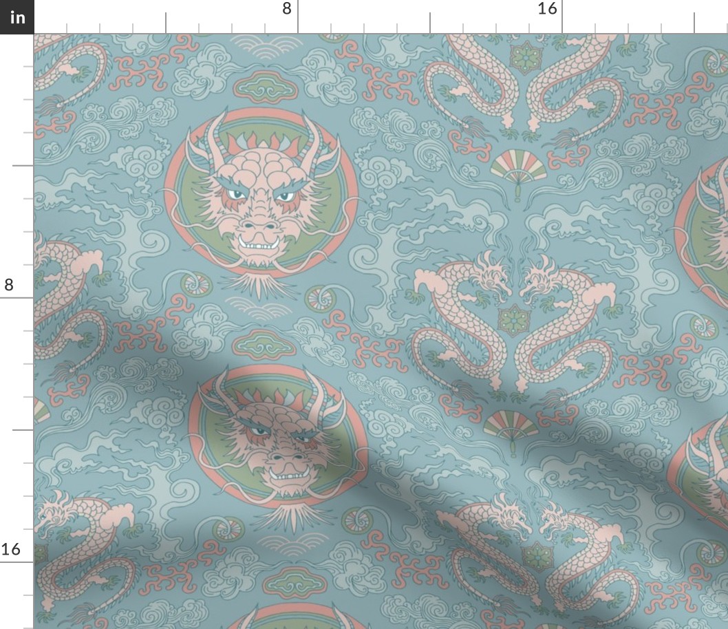 chinese dragon damask muted blue and green | small