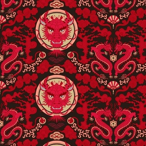 chinese dragon damask red on black | small