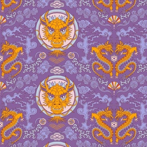 chinese dragon damask flame orange and purple | small