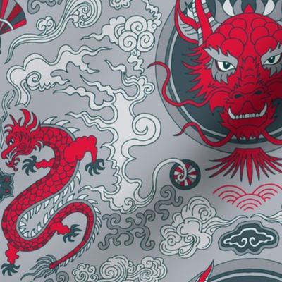 chinese dragon damask red and gray | small