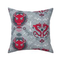 chinese dragon damask red and gray | small