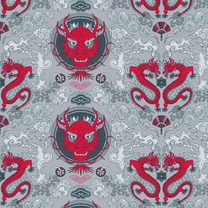 chinese dragon damask red and gray | small