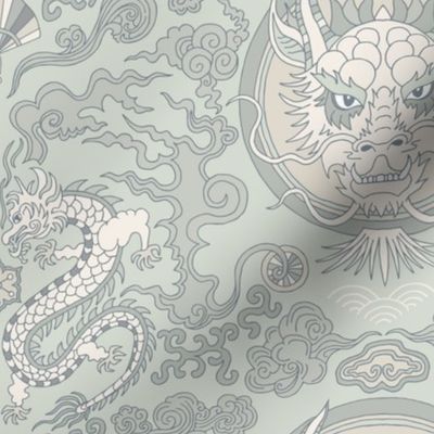 chinese dragon damask neutral gray and green | small