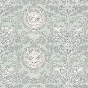 chinese dragon damask neutral gray and green | small
