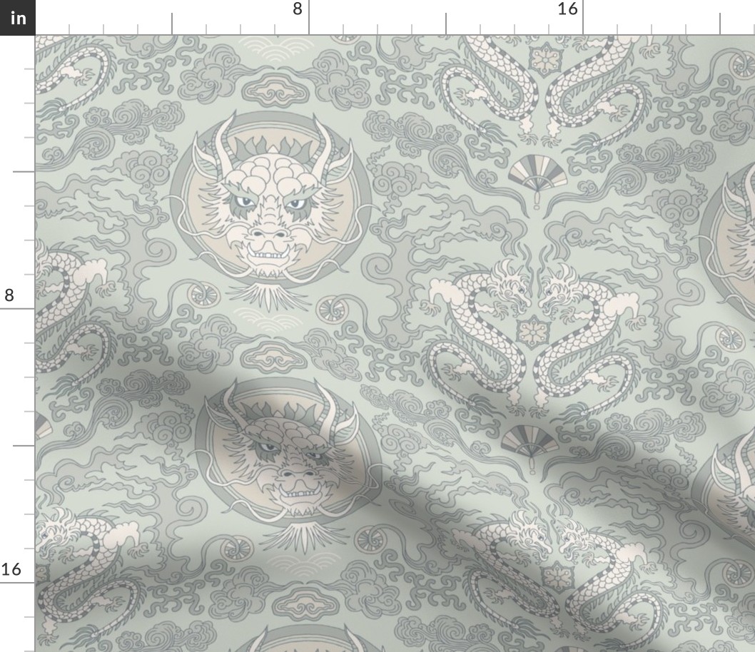 chinese dragon damask neutral gray and green | small